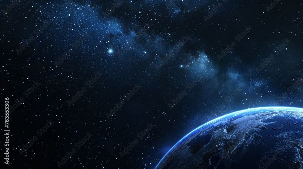 Obraz premium Earth at night, city lights twinkling, stars shimmering, vast cosmos backdrop , 8k