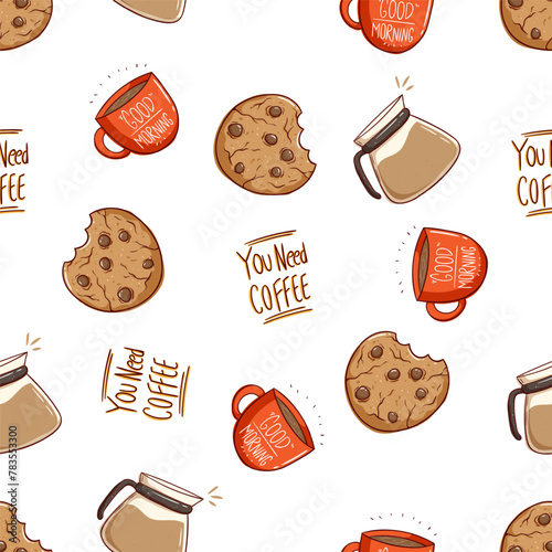 cute breakfast or lunch seamless pattern with cookies and coffee drink
