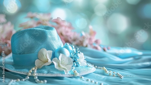 Elegant attire, soft focus on blue accessories, pastel background, grace , 8k