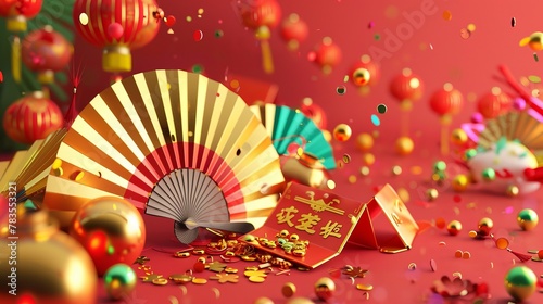 The printed posters include confetti, gold, paper fans, and red envelopes. Text reads: Fortune. Auspicious New Year.