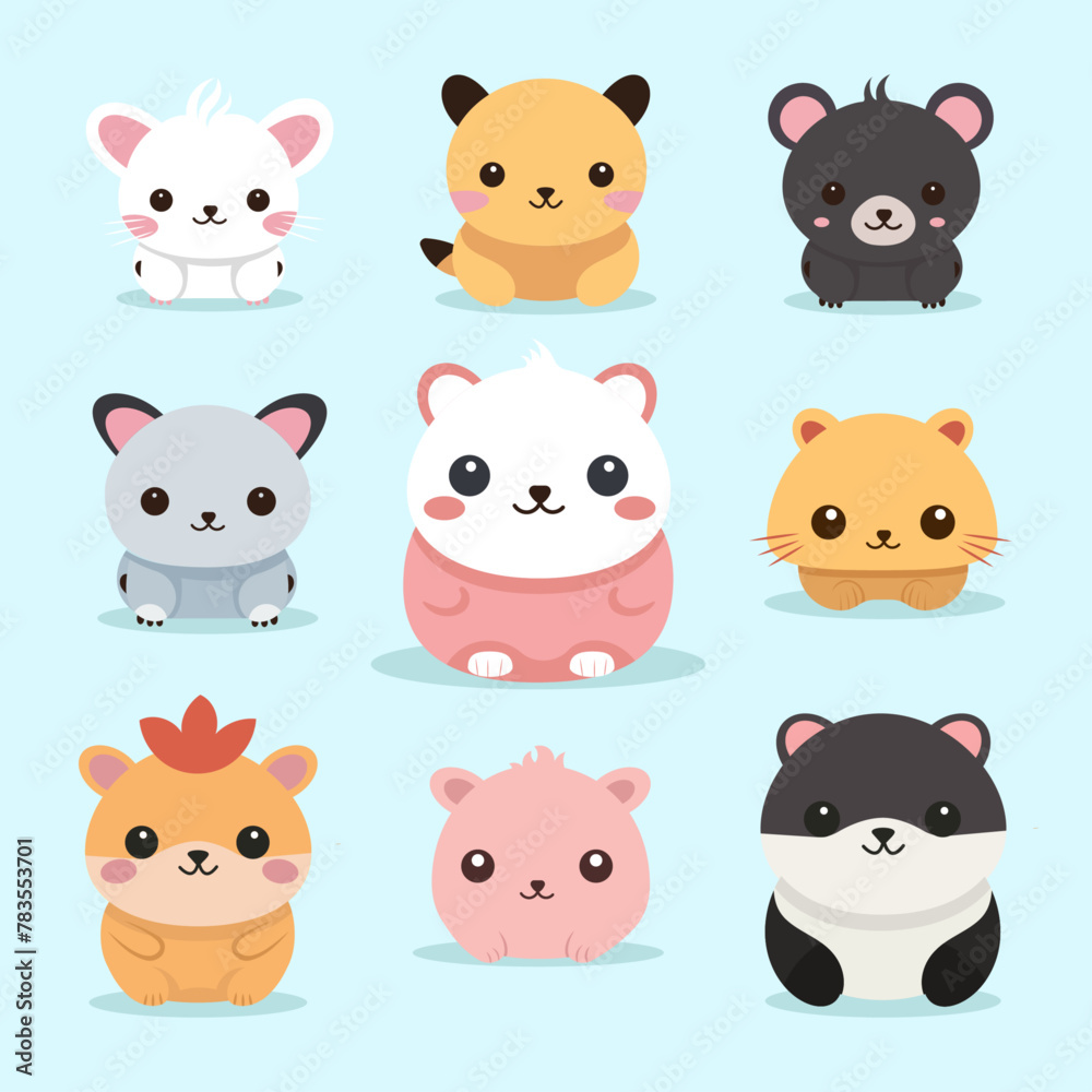 Set of cute animals in various poses on colorful backgorund.Wild and farm animal character cartoon design. Set of cute animals in various poses on colorful backgorund.Wild and farm animal character cartoon design.