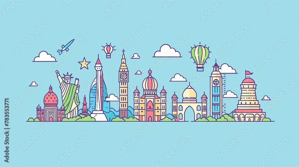 Isolated on light blue background, world attractions are outlined in lines.