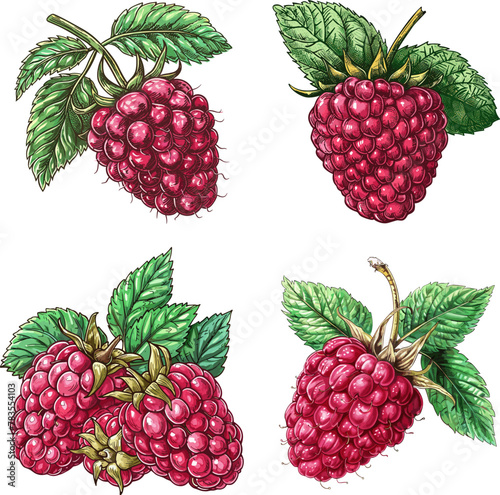 Set of Color engraving raster illustration Raspberry isolated on white background