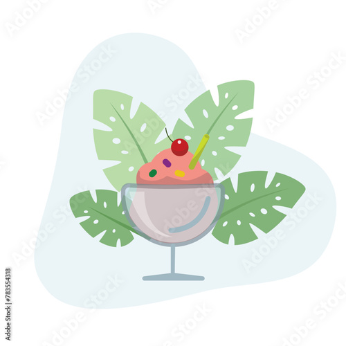 Strawberry ice cream cup flat vector Illustration icon decorated with leaves for web use for dessert, frozen, ice cream, sweet, cup.