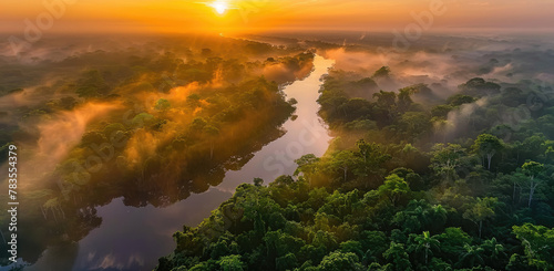 Aerial view of the Amazon rainforest at sunrise, with mist rising from rivers and trees.