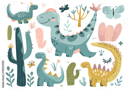 A vector clipart of cute cartoon dinosaurs in various poses  pastel colors  and simple shapes on a white background. Detailed elements include cacti  butterflies  flowers  leaves  a volcano