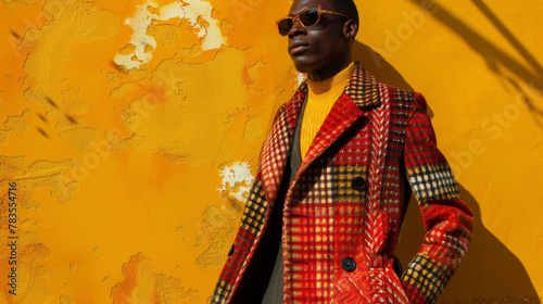 A sophisticated black man exudes an air of flamboyance and extravagance in his fashion choices much like the iconic Andrè Leon Talley. His bold coat showcases his love for luxurious . photo
