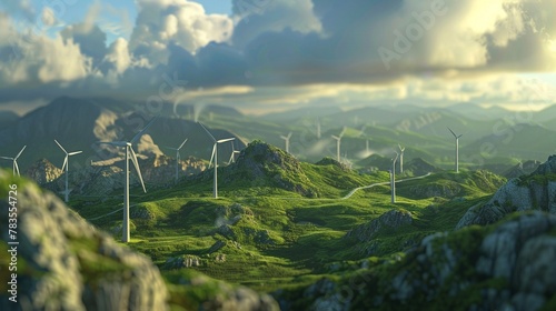 A renewable energy wind farm on a mountain ridge, symbolizing Earth Day