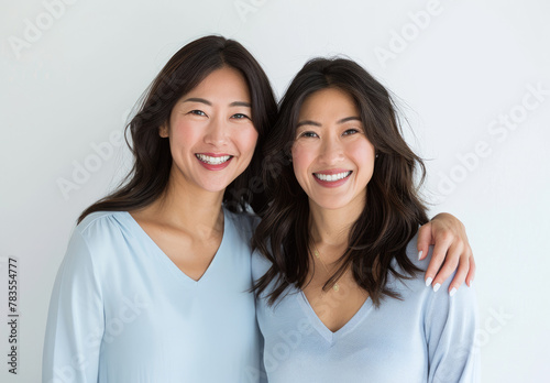 Asian woman and her mother wearing light blue   smiling at the camera with their arms around each other s shoulders against a white background
