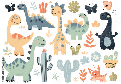 A vector clipart of cute cartoon dinosaurs in various poses  pastel colors  and simple shapes on a white background. Detailed elements include cacti  butterflies  flowers  leaves  a volcano
