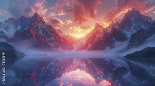 As the sun emerges, hues of pastel cascade over the mountains, enveloping the world in a tranquil serenity at dawn. photo
