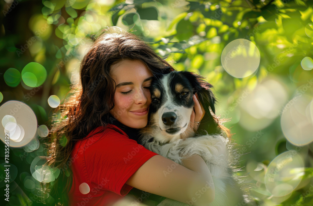 Happy woman with dog in the park, photo of a happy young smiling beautiful caucasian girl wearing a red tshirt holding a white maltese dog and kissing it on the forehead