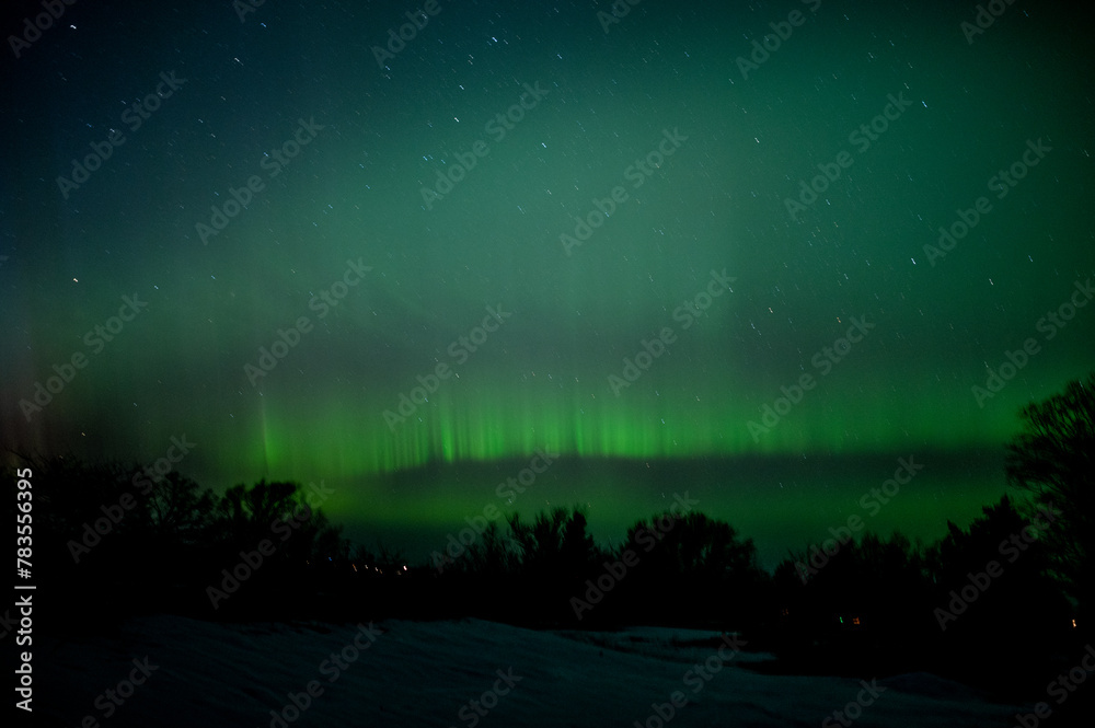 Northern lights dance above tree line at night in Michigan