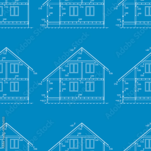 Housing architecture. Seamless pattern with house blueprint engineering drawings and plan on blue background. Structural engineering. Cottage plan. Texture template,