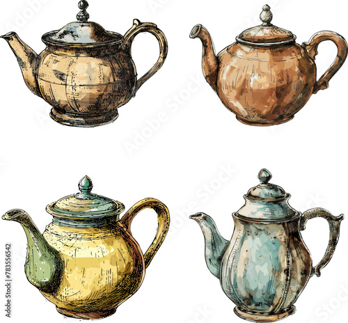 Tea pot fruit Color engraving raster illustration isolated on white background