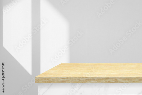 Marble table with wooden top table corner with light beam from window on wall background, Suitable for Product Presentation Backdrop, Display, and Mock up.