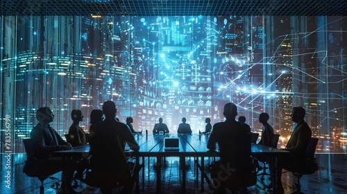 A cybersecurity summit, with experts strategizing over a holographic network model