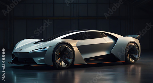 A futuristic electric sport fast car chassis and battery packs with high performance or future EV factory production and prototype showcase concepts as wide banner with copy space area, back © Prateek