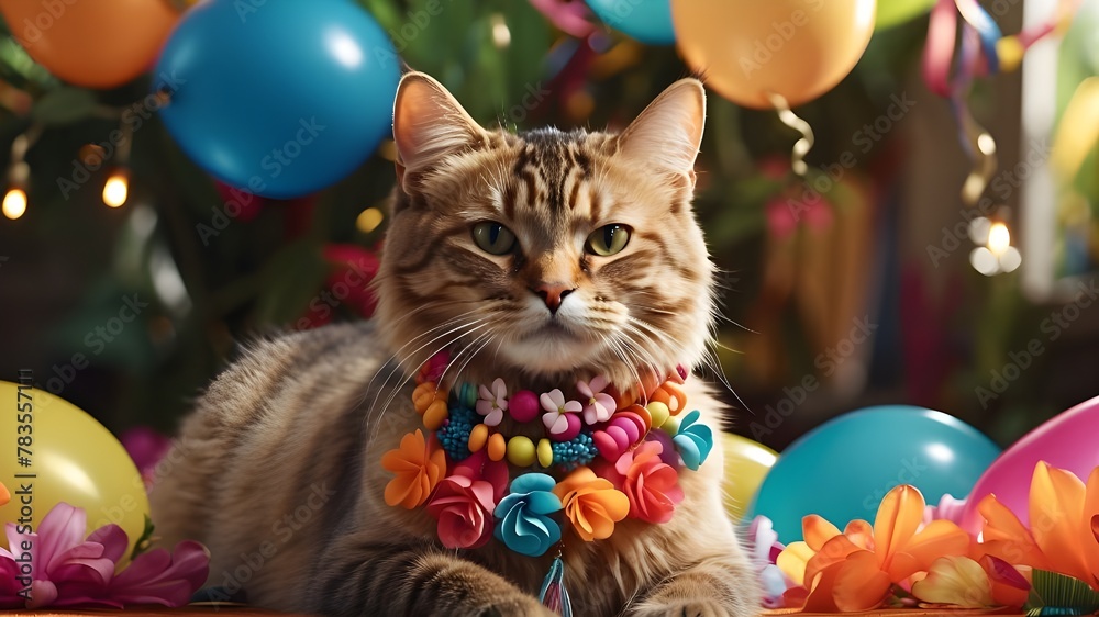 A photorealistic image of a cat wearing a Hawaiian flower necklace, surrounded by colorful balloons at a vibrant and lively party. The scene captures the essence of joy and celebration, with a focus 