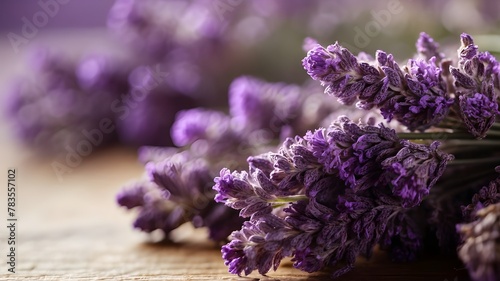 Dried lavender bundle captured in a close-up photograph  showcasing its intricate texture and delicate purple hues. The focus is on highlighting the natural beauty of the lavender with soft  warm bac