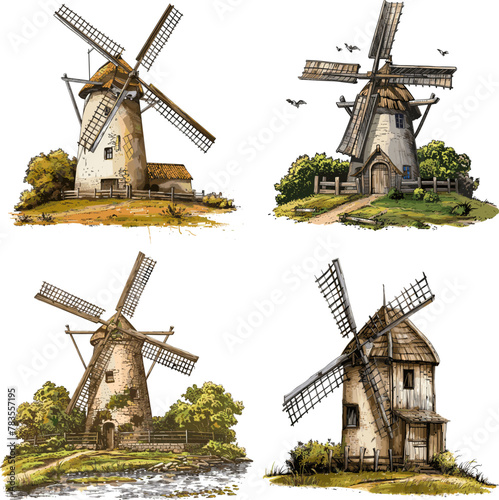 Windmill Color engraving raster illustration isolated on white background