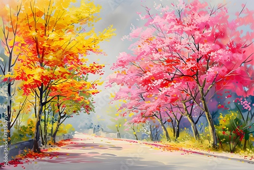 Oil painting colorful forest Cherry blossoms art watercolor 