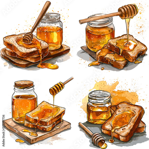Toast with honey Color engraving raster illustration isolated on white background