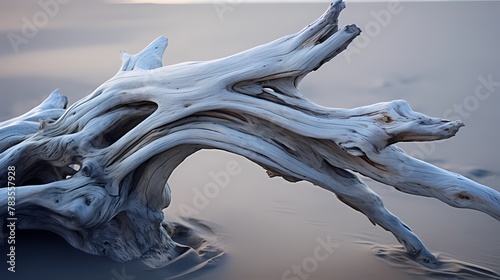 A close-up of weathered driftwood on a sandy beach, smoothed by the ebb and flow of the tide