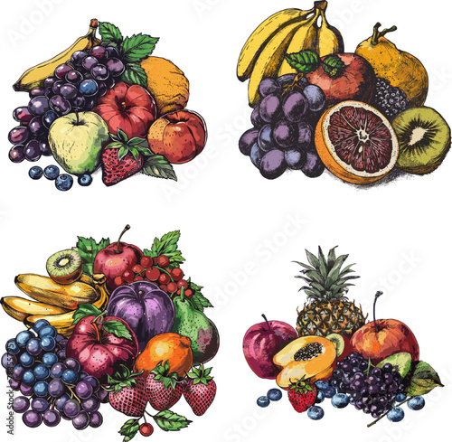 Color engraving raster illustration set of Fruits isolated on white background