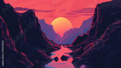 A mountain range in sunset vibes illustration. Rock formation between stream.