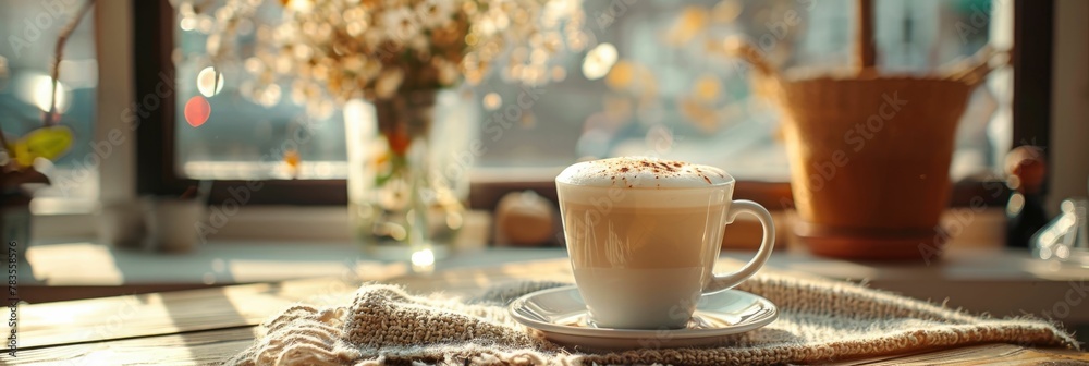Warm Cozy Caf Moment with Inviting Cappuccino on Rustic Wood Table Warm Cozy Caf Moment with Inviting Cappuccino on Rustic Wood Table