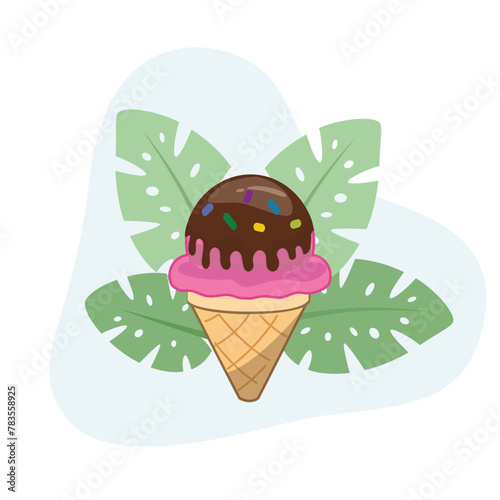 Strawberry and Chocolate Ice cream cone flat vector Illustration icon decorated with leaves for web use for dessert, frozen, chocolate, sweet.