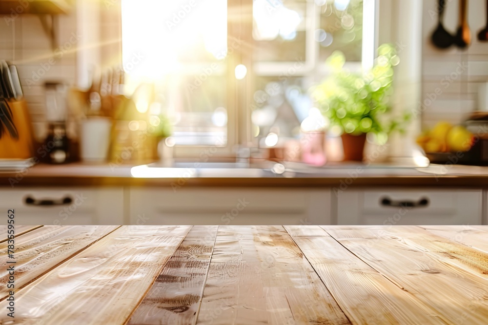 Blurred Kitchen Background with a Wooden Table Top for Product Display and Space on the Left Side. Concept of a Clean Modern Home Interior with Morning Light from the Window. Close Up View. Blurred Kitchen Background with a Wooden Table Top for Product Display and Space on the Left Side. Concept of a Clean Modern Home Interior with Morning Light from the Window. Close Up View.
