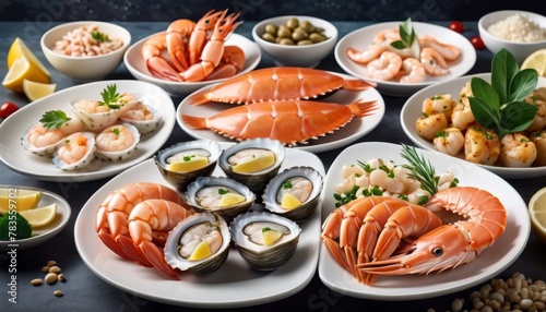 A diverse arrangement of seafood dishes on a dark surface, featuring prawns, clams, and a crab, garnished with lemon and herbs. AI Generation