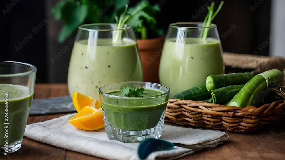 Fototapeta premium green vegetables juice, mint juice, health benefits of green leaf juice, morning juice for liver cleaning
