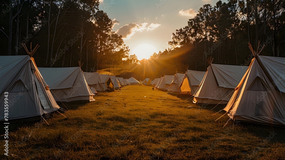 Meadow outdoor with camping white tents against a background of trees green and sky blue.