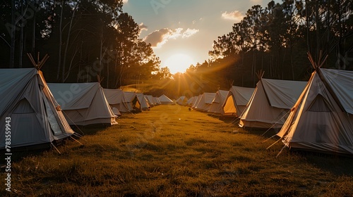 Meadow outdoor with camping white tents against a background of trees green and sky blue.