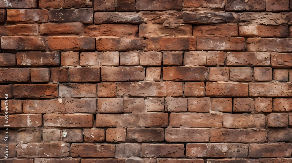 A close-up shot of weathered brick wall, showcasing its intricate textures and shades