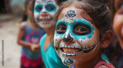 Children with faces painted in hues of green, resembling calavera skulls, giggling as they partake in the festivities.