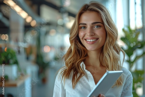 Professional young woman holding a tablet in a business setting