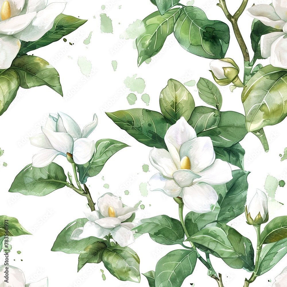 Small gardenia splashes, seamless, pure and light watercolor. Seamless Pattern, Fabric Pattern,  Tumbler Wrap, Mug Wrap.