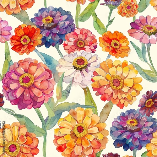 Petite watercolor zinnias, seamless pattern, joyful light hues. Seamless Pattern, Fabric Pattern, Tumbler Wrap, Mug Wrap.