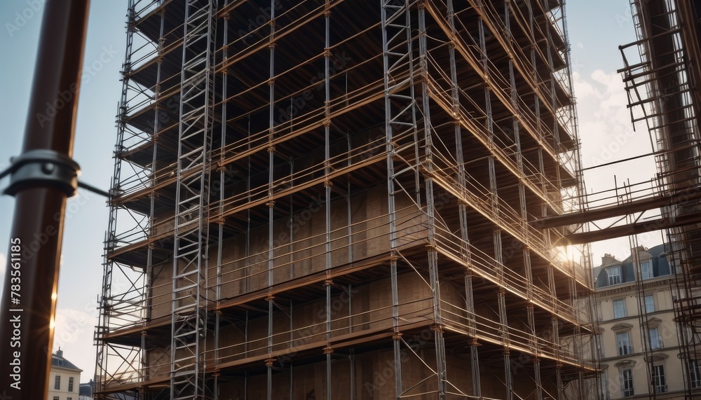 Intricate scaffolding encases a building under renovation in an urban setting, capturing the essence of construction.. AI Generation. AI Generation
