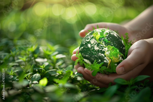 Hands cradling a green globe represent global care for our planet