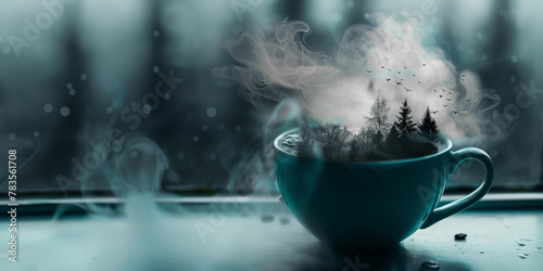 Surreal scene with a steamy teacup forest mirage on a moody day. Panoramic image with copy space. photo