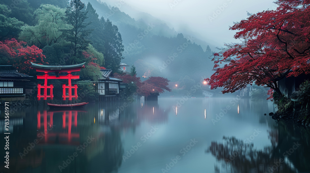 Mystical red torii gate on tranquil lake surrounded by mist and autumn foliage.
