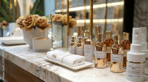Luxurious Spa Inspired Display of Premium Anti Aging Skincare Products in Elegant Natural Inspired Interior