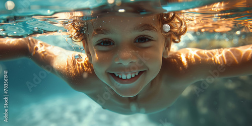 Joyful child swimming underwater, her happiness and innocence underscored by crystal-clear water.