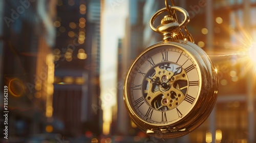 Golden pocket watch emphasizes time against busy financial district. Pocket watch set against financial towers, glowing in sunset. photo