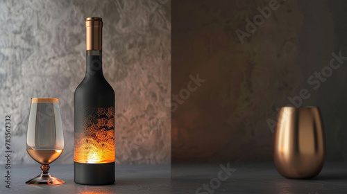 Conjure a wine bottle in a luxurious claret color and a frosted copper glass, promising a decadent experience. photo